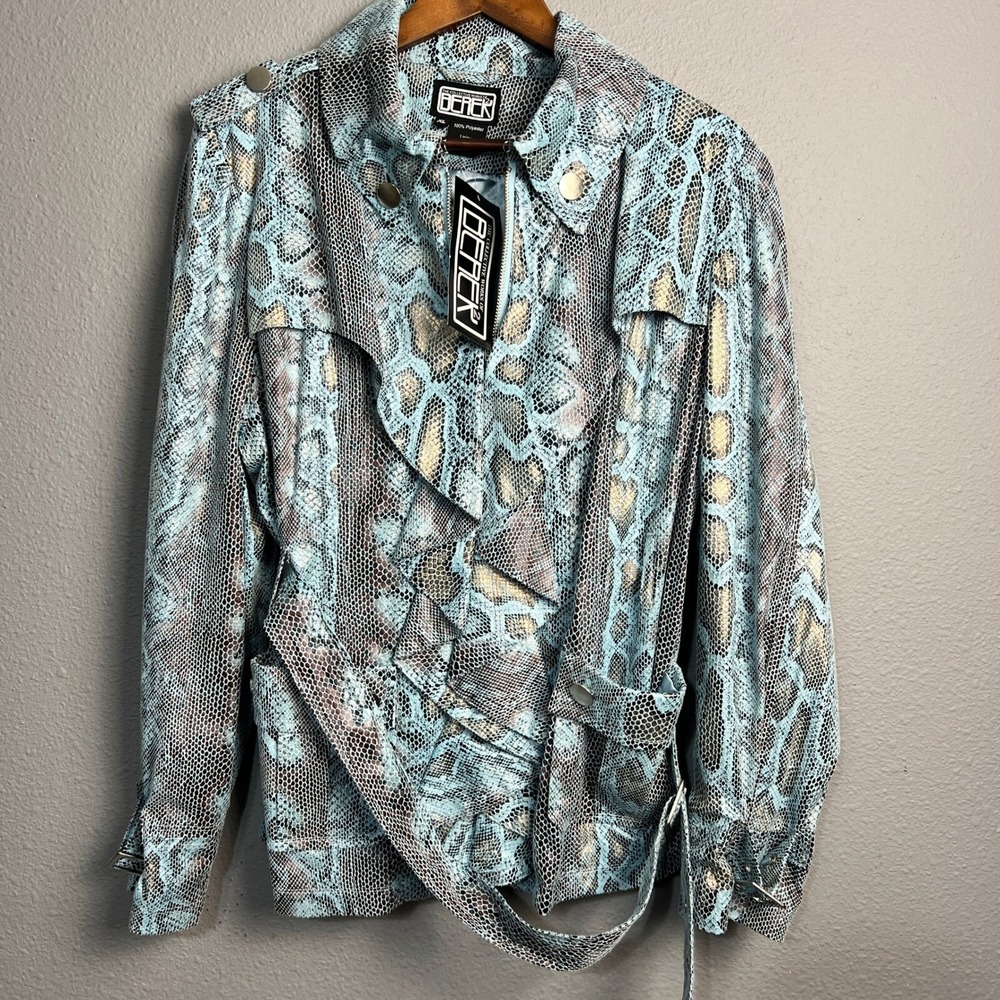 Berek Reptile Snakeskin Ruffle Moto Jacket Edgy Glam Belted Rockabilly Biker XL